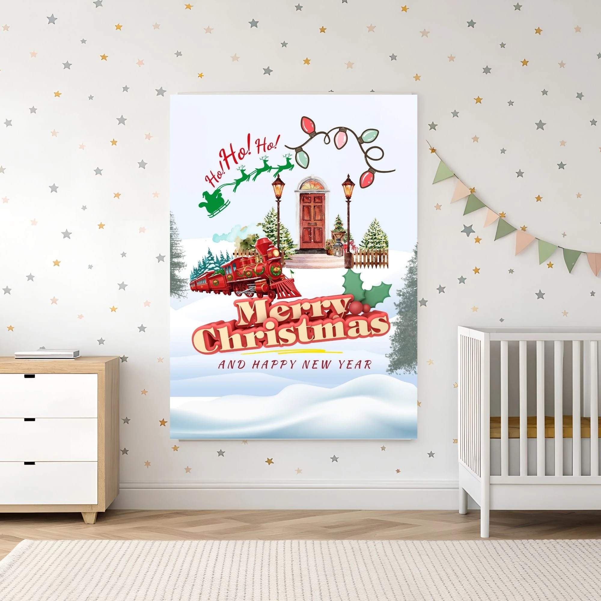 Mutlu Noeller Baskısı, Dijital İndirme, Noel Baba ve Tren Sanatı, Çocuklar İçin Tatil Dekoru, Yazdırılabilir tablo
