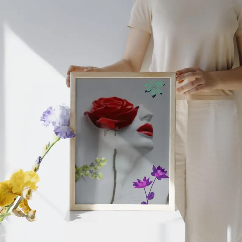 Çağdaş sanat, Kırmızı Gül Yüz Heykeli, Modern 3D Çiçek Maskesi (Dijital İndirme)