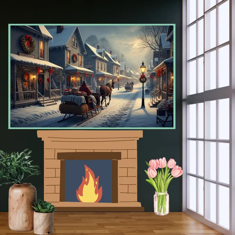 Samsung Çerçeve TV Kış Köyü Çerçeve TV Sanatı, Atlı Tatil Noel Sahnesi, Karlı Sokak Dijital İndirme