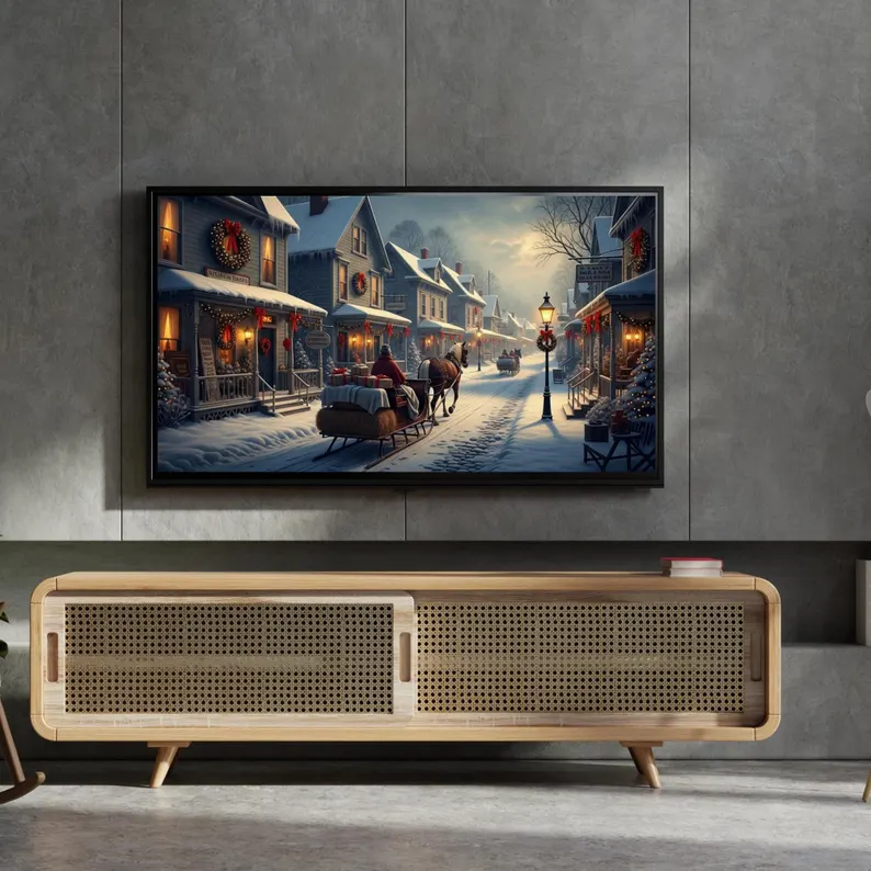Samsung Çerçeve TV Kış Köyü Çerçeve TV Sanatı, Atlı Tatil Noel Sahnesi, Karlı Sokak Dijital İndirme