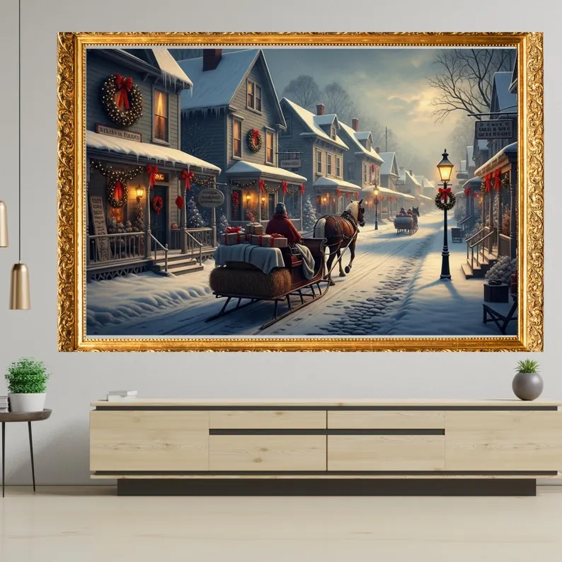 Samsung Çerçeve TV Kış Köyü Çerçeve TV Sanatı, Atlı Tatil Noel Sahnesi, Karlı Sokak Dijital İndirme