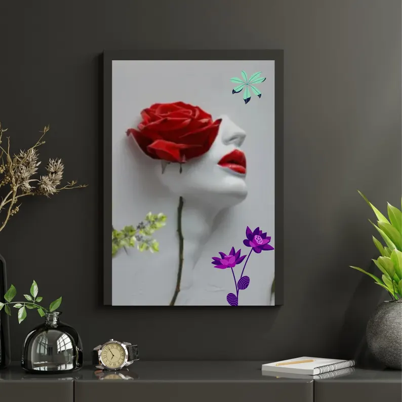 Çağdaş sanat, Kırmızı Gül Yüz Heykeli, Modern 3D Çiçek Maskesi (Dijital İndirme)