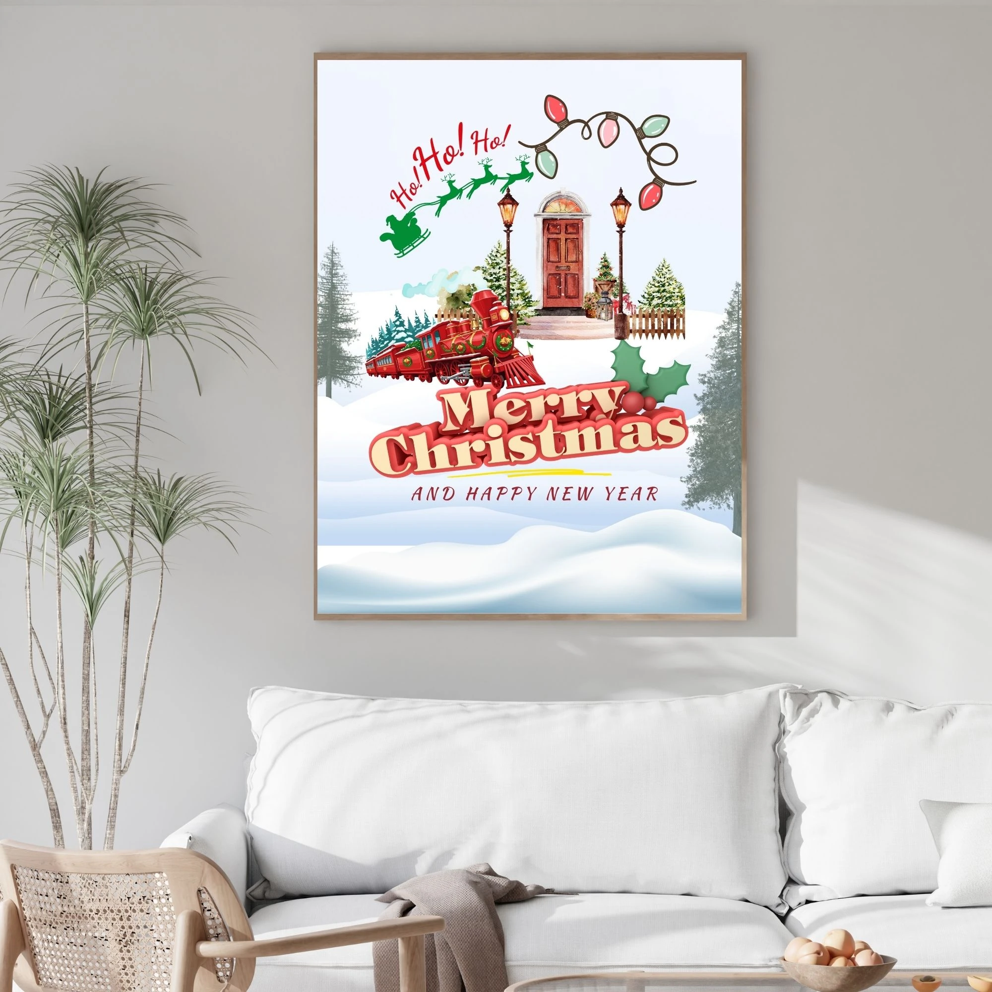 Mutlu Noeller Baskısı, Dijital İndirme, Noel Baba ve Tren Sanatı, Çocuklar İçin Tatil Dekoru, Yazdırılabilir tablo