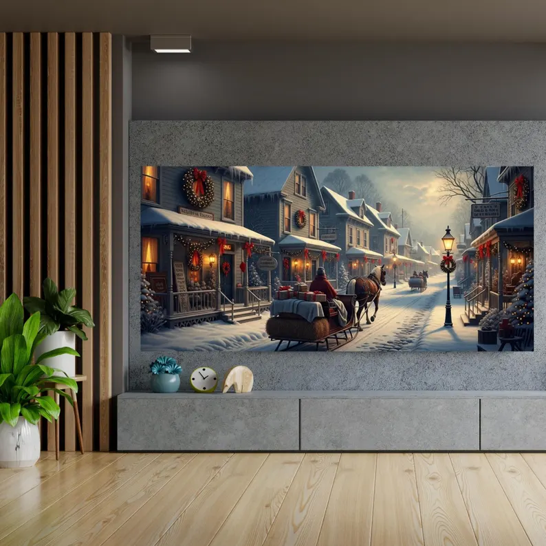 Samsung Çerçeve TV Kış Köyü Çerçeve TV Sanatı, Atlı Tatil Noel Sahnesi, Karlı Sokak Dijital İndirme