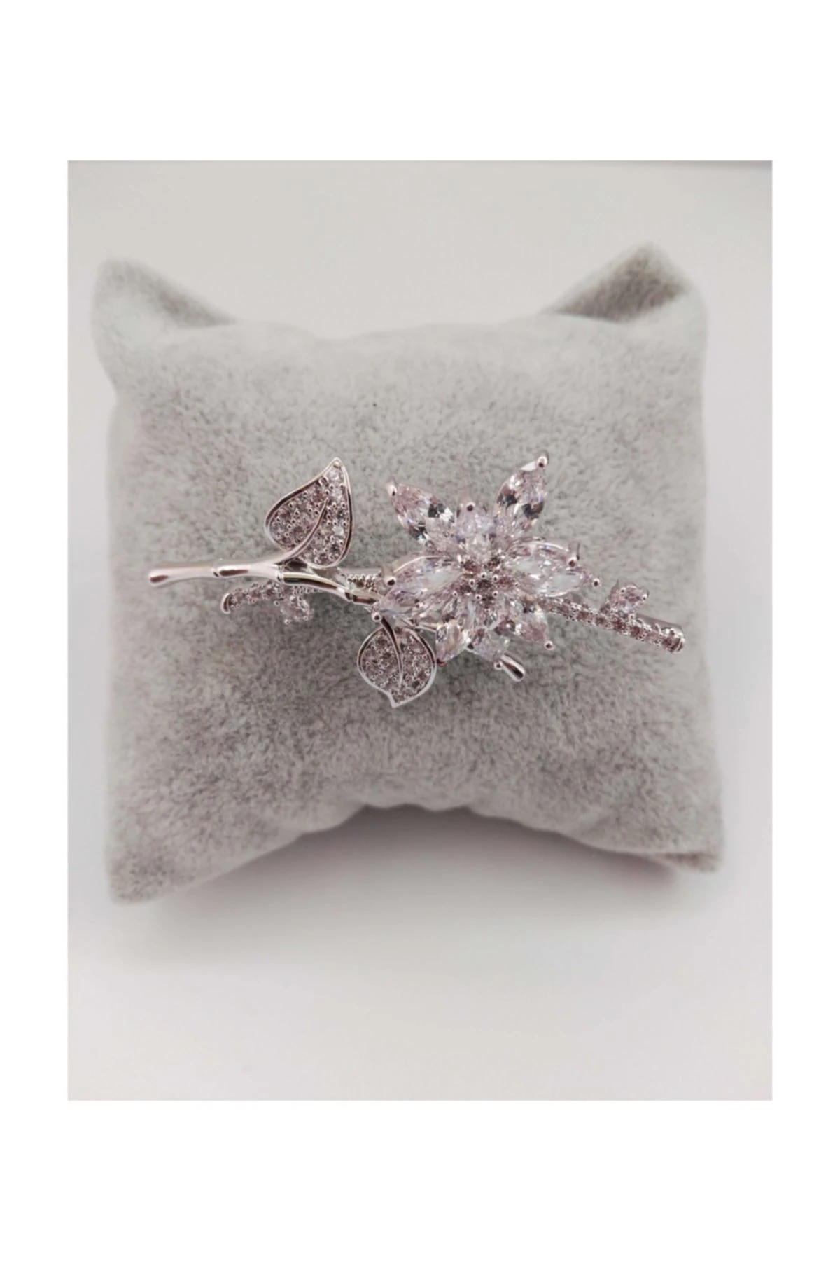 Zirkon Taşlı Yaprak, Çiçekli Broş Rodyum