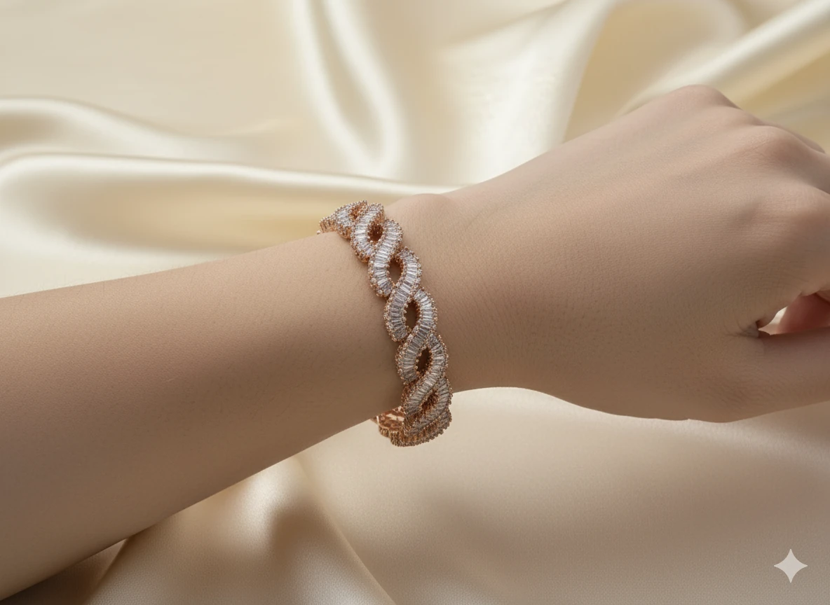 Zirkon Taşlı Kelepçe Pirinç Bileklik - Rose