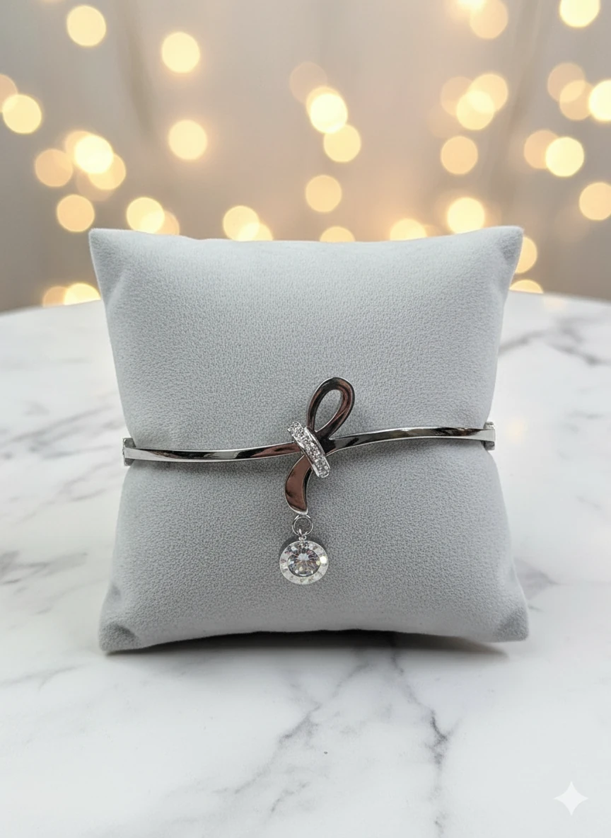 Fiyong Rondela Zirkon Taşlı Rodyum Çelik Kelepçe Bileklik