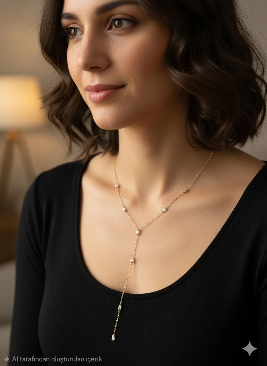 Altın Renkli Taş Detaylı Y Form Çelik Kolye