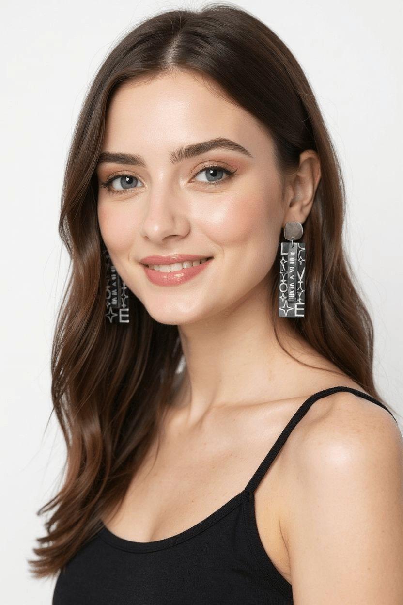 Çelik Roma Rakamlı , Love Küpe - Rodyum