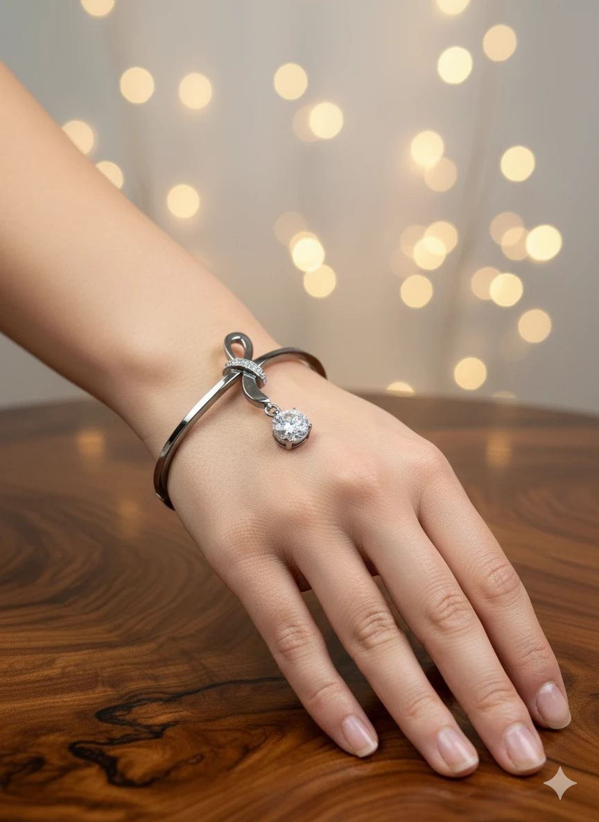 Fiyong Rondela Zirkon Taşlı Rodyum Çelik Kelepçe Bileklik