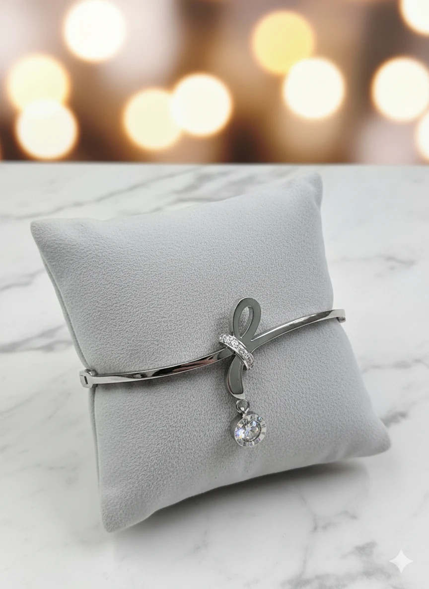 Fiyong Rondela Zirkon Taşlı Rodyum Çelik Kelepçe Bileklik