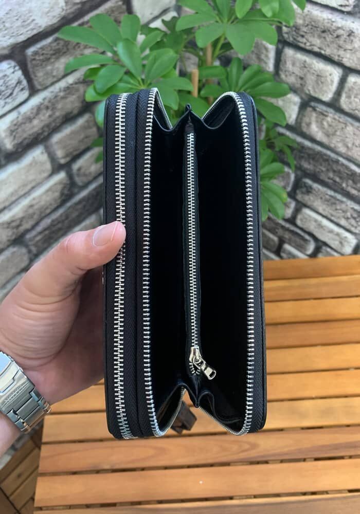 Guard Çift Fermuarlı Siyah Hakiki Deri El Çantası Erkek / Kadın P3031