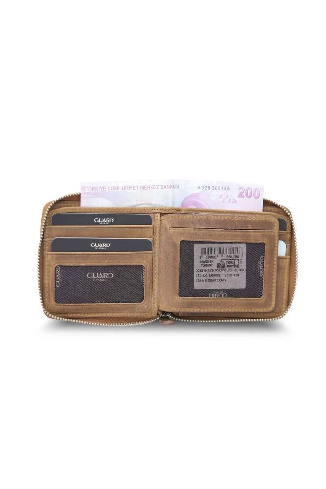 Guard Antik Taba Fermuarlı Yatay Mini Hakiki Deri Cüzdan Erkek / Kadın P2265