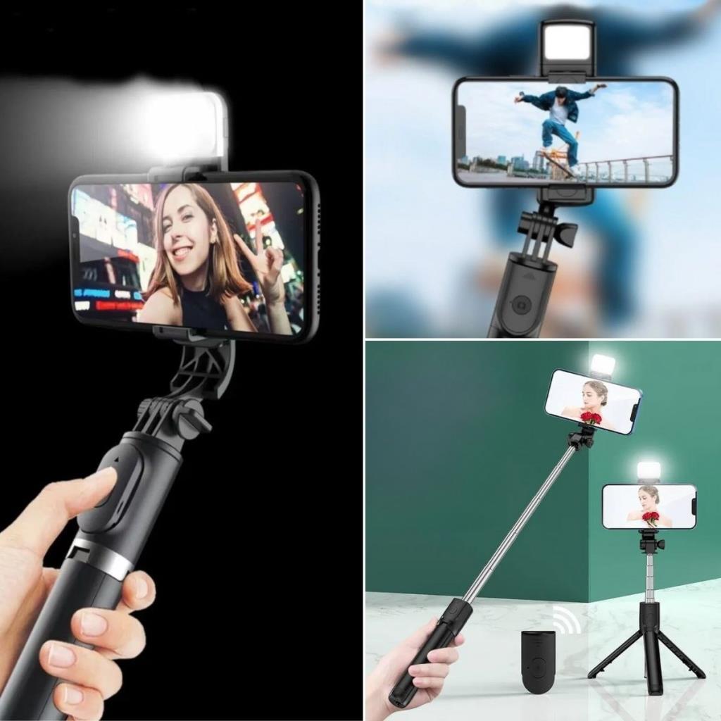 OLLEVRA Kendiliğinden Işıklı Masaüstü Tripod Olabilen Telefon Tutuculu Kablosuz Kumandalı Selfie Çubuğu