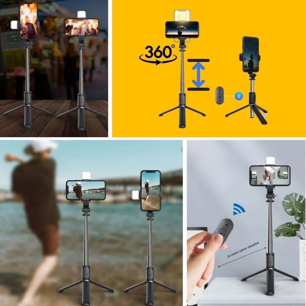 OLLEVRA Kendiliğinden Işıklı Masaüstü Tripod Olabilen Telefon Tutuculu Kablosuz Kumandalı Selfie Çubuğu