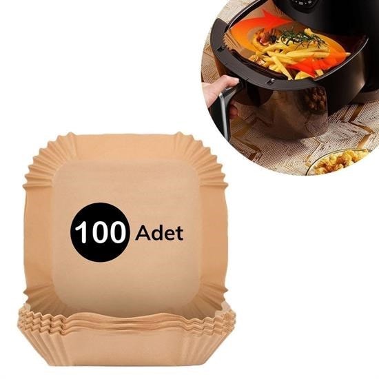 OLLEVRA 100 Adet AirFryer Pişirme Kağıdı Tek Kullanımlık Gıda Yağlı Kağıdı Kare Tabak Model
