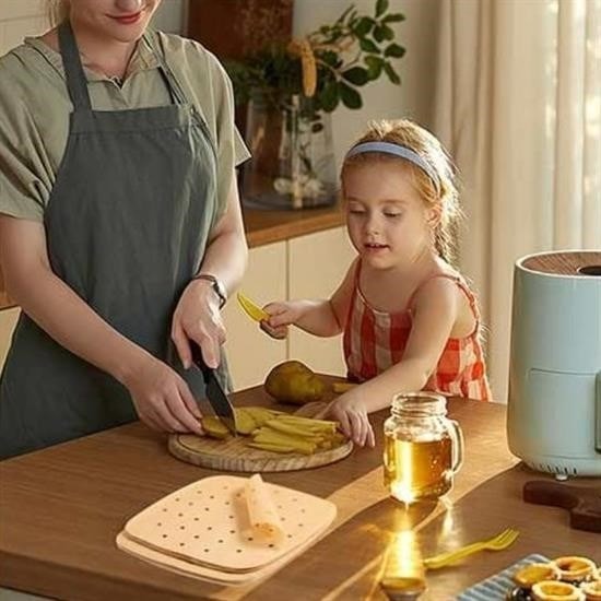 OLLEVRA 50 Adet Air Fryer Pişirme Kağıdı Tek Kullanımlık Hava Fritöz Yapışmaz Yağlı Kağıt Delikli Model
