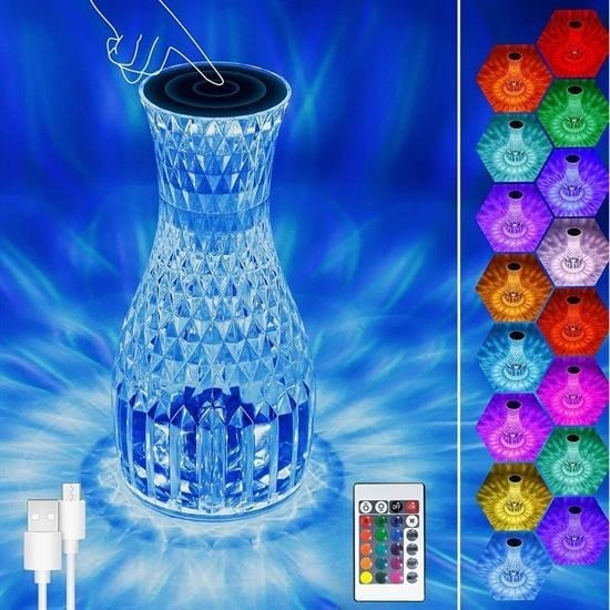 OLLEVRA Sürahi Model USB Şarjlı Kumandalı 16 Farklı Işık Modlu Masa Üstü Kristal Akrilik Lamba Led