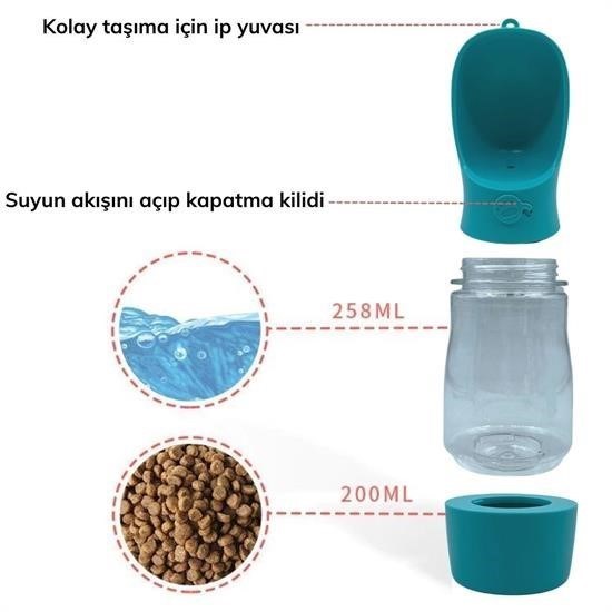 OLLEVRA Taşınabilir Mama Hazneli Evcil Hayvan Suluğu Seyahat Kabı Kilitlenebilen Su Sızdırmaz 380ML