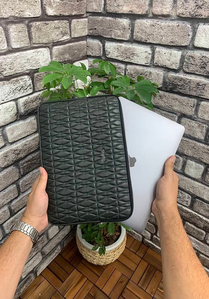 Guard Nakış Desenli Yeşil Clutch Çanta  Macbook Pro 13 inç Laptop Kılıfı Hakiki Deri