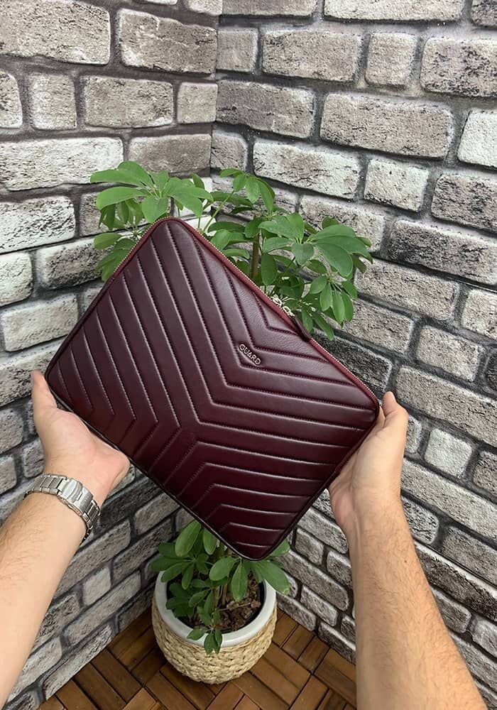 Guard Bordo Üçgen Desen  Clutch Çanta  Macbook Pro 13 inç Laptop Kılıfı Hakiki Deri