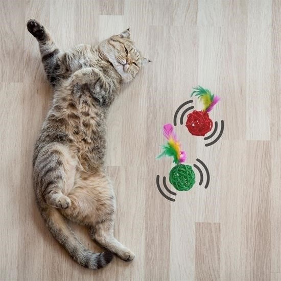 OLLEVRA 2li Rattan Renkli Peluş Tüy Kedi Köpek Oyuncak Yakalama Çiğneme Çıngıraklı Top Oyuncağı