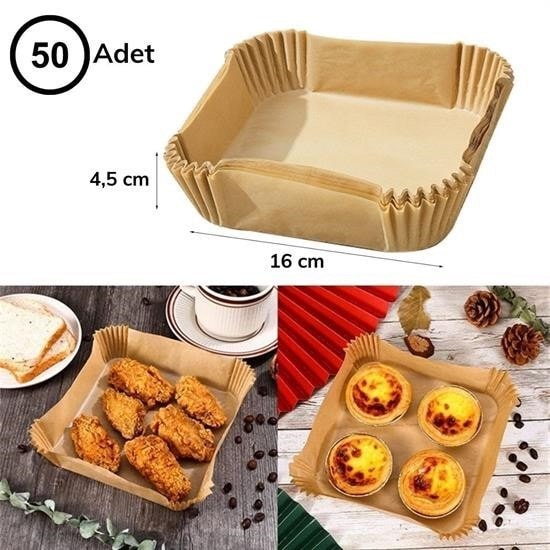 OLLEVRA 50 Adet Air Fryer Pişirme Kağıdı Tek Kullanımlık Hava Fritöz Yağ Geçirmez Yapışmaz Kare Tabak Model