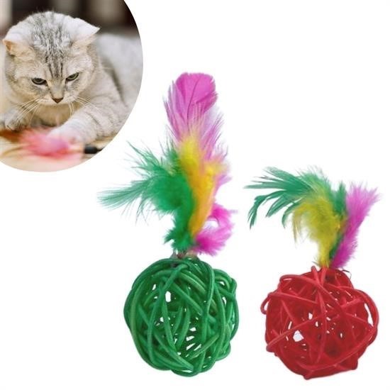 OLLEVRA 2li Rattan Renkli Peluş Tüy Kedi Köpek Oyuncak Yakalama Çiğneme Çıngıraklı Top Oyuncağı