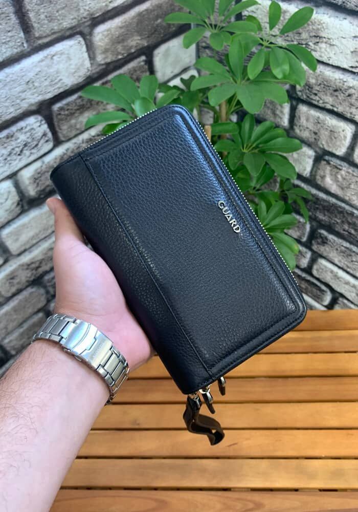Guard Çift Fermuarlı Siyah Hakiki Deri El Çantası Erkek / Kadın P3031