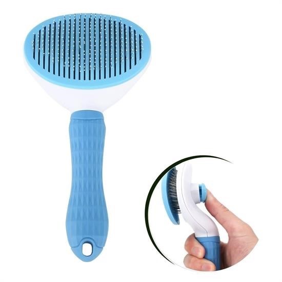 OLLEVRA Kedi Köpek Tüy Toplayıcı Kendini Temizleyebilen Ergonomik Saplı Evcil Hayvan Tarağı Mavi