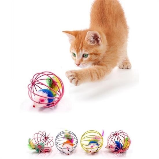 OLLEVRA Renkli Metal Kafesli Peluş Fareli Kedi Köpek Oyuncağı Oyun Topu 6 cm