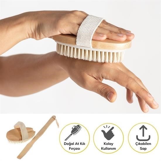 OLLEVRA Doğal At Kılı Selülit Karşıtı Sapı Çıkabilen Ahşap Banyo Fırçası
