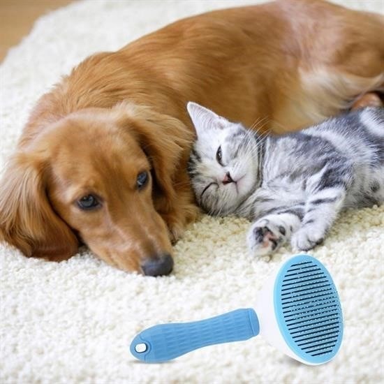 OLLEVRA Kedi Köpek Tüy Toplayıcı Kendini Temizleyebilen Ergonomik Saplı Evcil Hayvan Tarağı Mavi