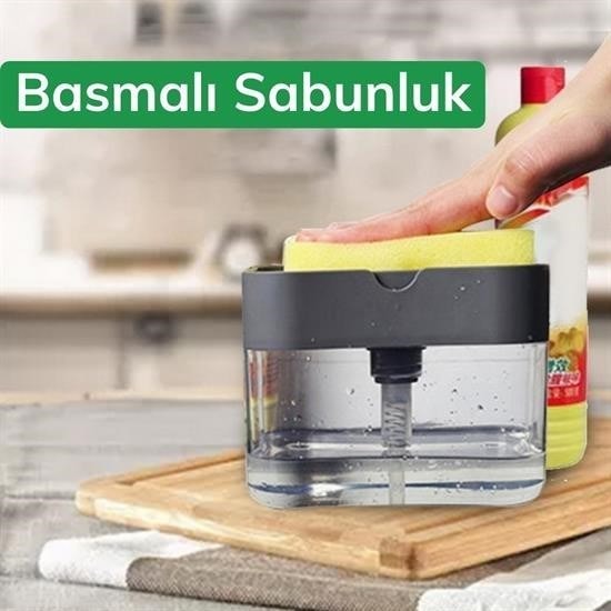OLLEVRA İkisi Bir Arada  Basmalı Pratik Sıvı Sabunluk Pompası ve Bulaşık Yıkama Süngeri Haznesi