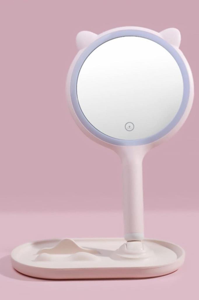 OLLEVRA Kedi Kulaklı Telefon Standlı Yuvarlak Dokunmatik Led Ayarlı Masa Üstü Makyaj Aynası