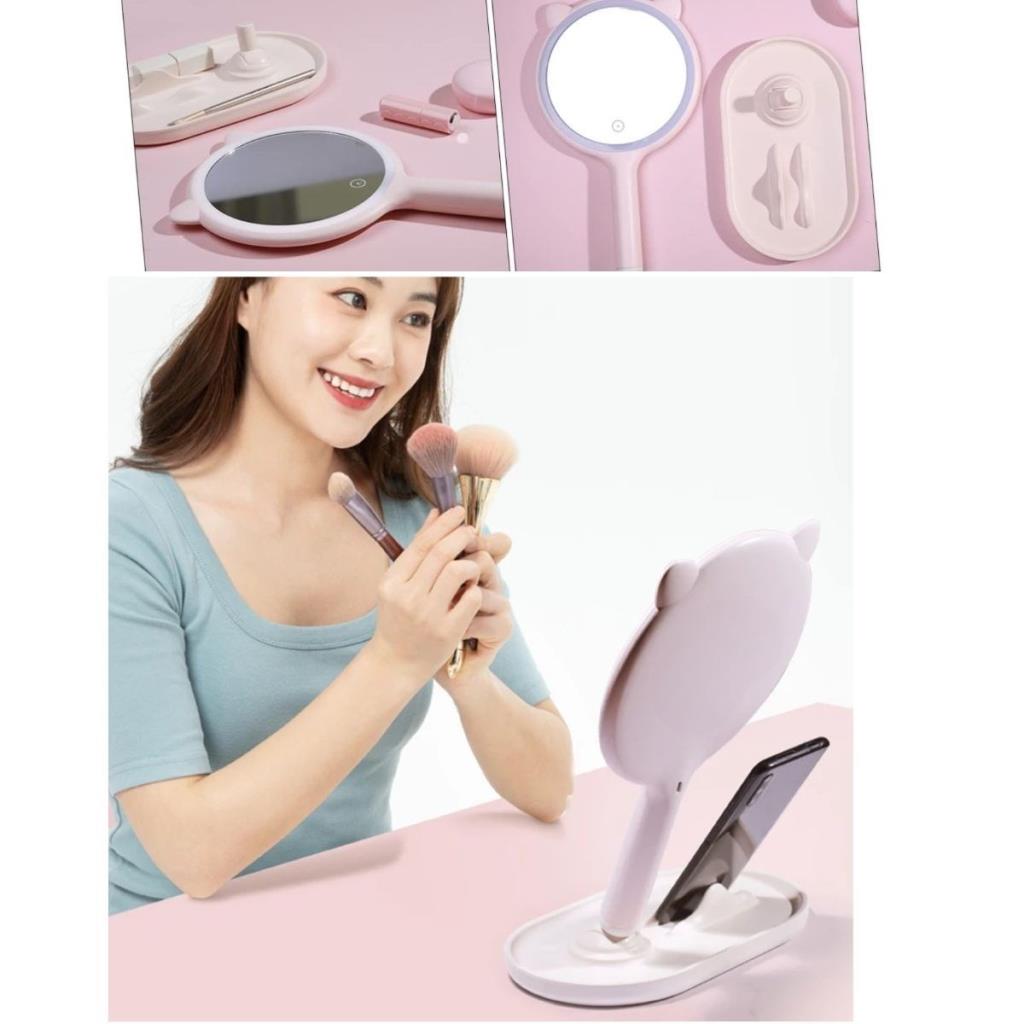 OLLEVRA Kedi Kulaklı Telefon Standlı Yuvarlak Dokunmatik Led Ayarlı Masa Üstü Makyaj Aynası