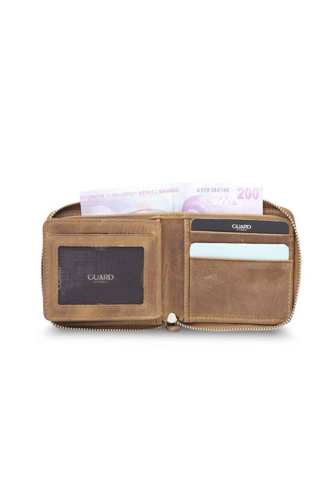 Guard Antik Taba Fermuarlı Yatay Mini Hakiki Deri Cüzdan Erkek / Kadın P2265