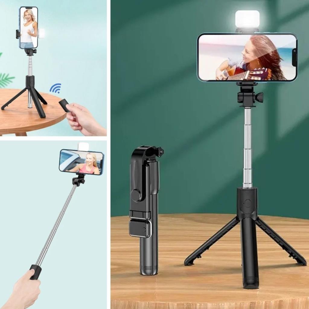 OLLEVRA Kendiliğinden Işıklı Masaüstü Tripod Olabilen Telefon Tutuculu Kablosuz Kumandalı Selfie Çubuğu