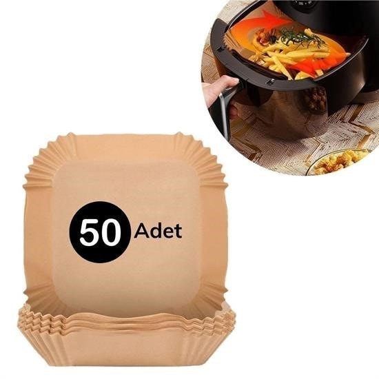 OLLEVRA 50 Adet Air Fryer Pişirme Kağıdı Tek Kullanımlık Hava Fritöz Yağ Geçirmez Yapışmaz Kare Tabak Model