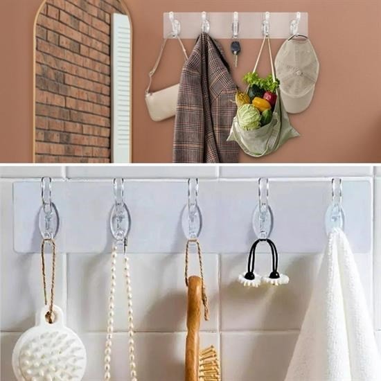 OLLEVRA 5'li Güçlü Yapışkanlı Şeffaf Duvar Askısı Banyo Mutfak Düzenleyici Pratik Askılık