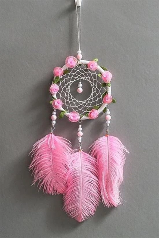 OLLEVRA El Yapımı Kuş Tüyü ve Led Işıklı Dekoratif Asma Düş Rüya Kapanı