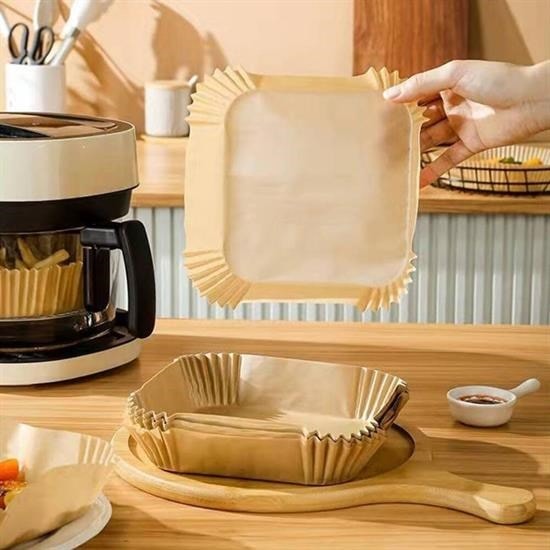 OLLEVRA 100 Adet AirFryer Pişirme Kağıdı Tek Kullanımlık Gıda Yağlı Kağıdı Kare Tabak Model