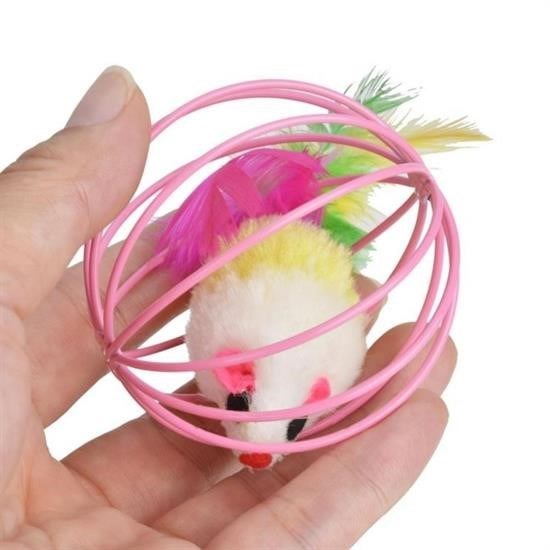 OLLEVRA Renkli Metal Kafesli Peluş Fareli Kedi Köpek Oyuncağı Oyun Topu 6 cm
