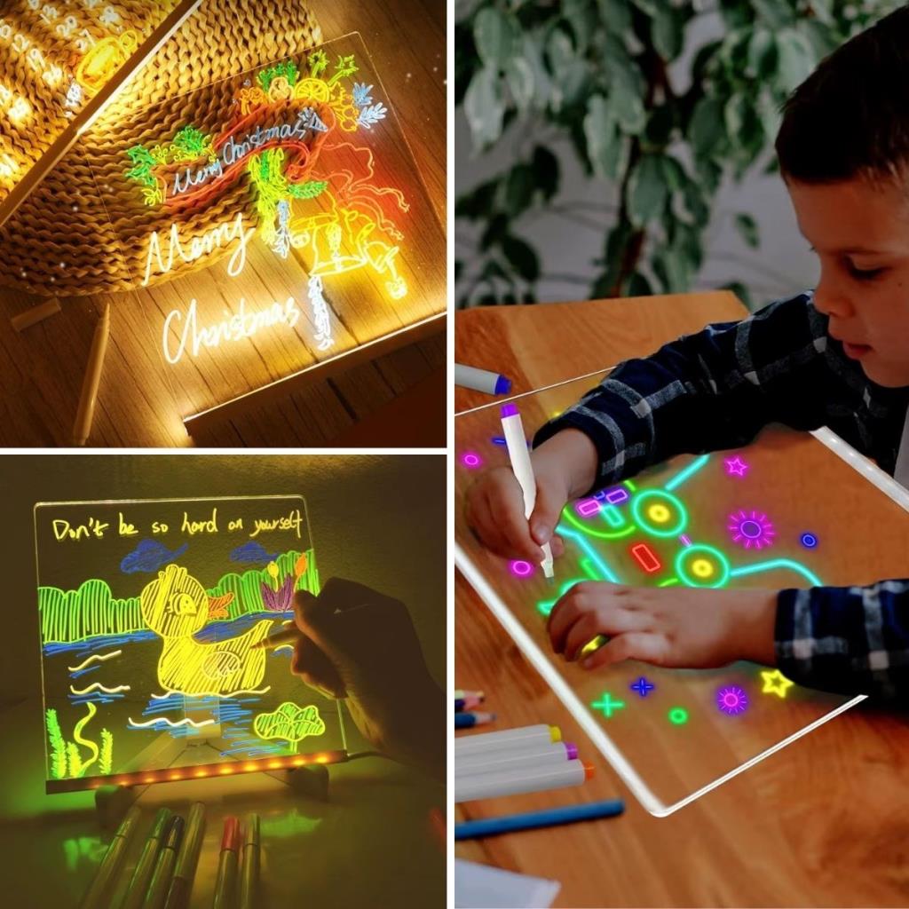 OLLEVRA LED Işıklı Kendiliğinden Renkli Fosforlu Kalemli Kare Yazı Panosu 20x20 cm