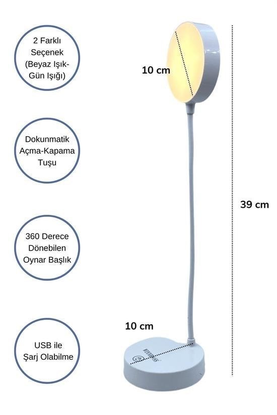 OLLEVRA Yuvarlak USBli Dokunmatik 3 Kademeli 360 Derece  Özel Göz Korumalı Led Lityum Masa Lambası