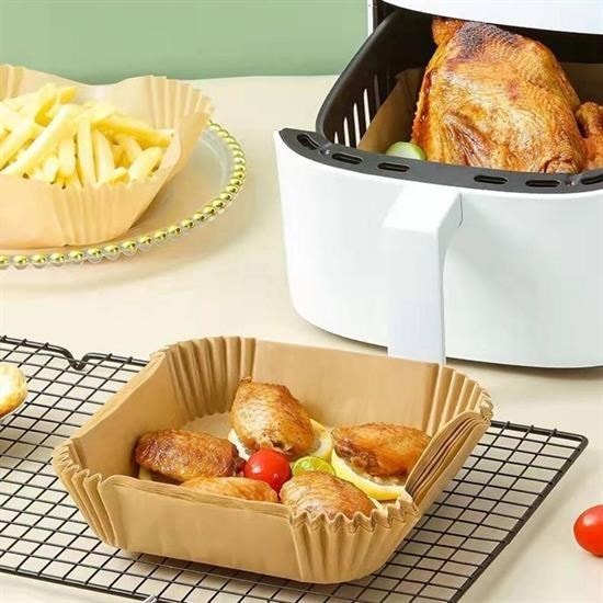OLLEVRA 100 Adet AirFryer Pişirme Kağıdı Tek Kullanımlık Gıda Yağlı Kağıdı Kare Tabak Model