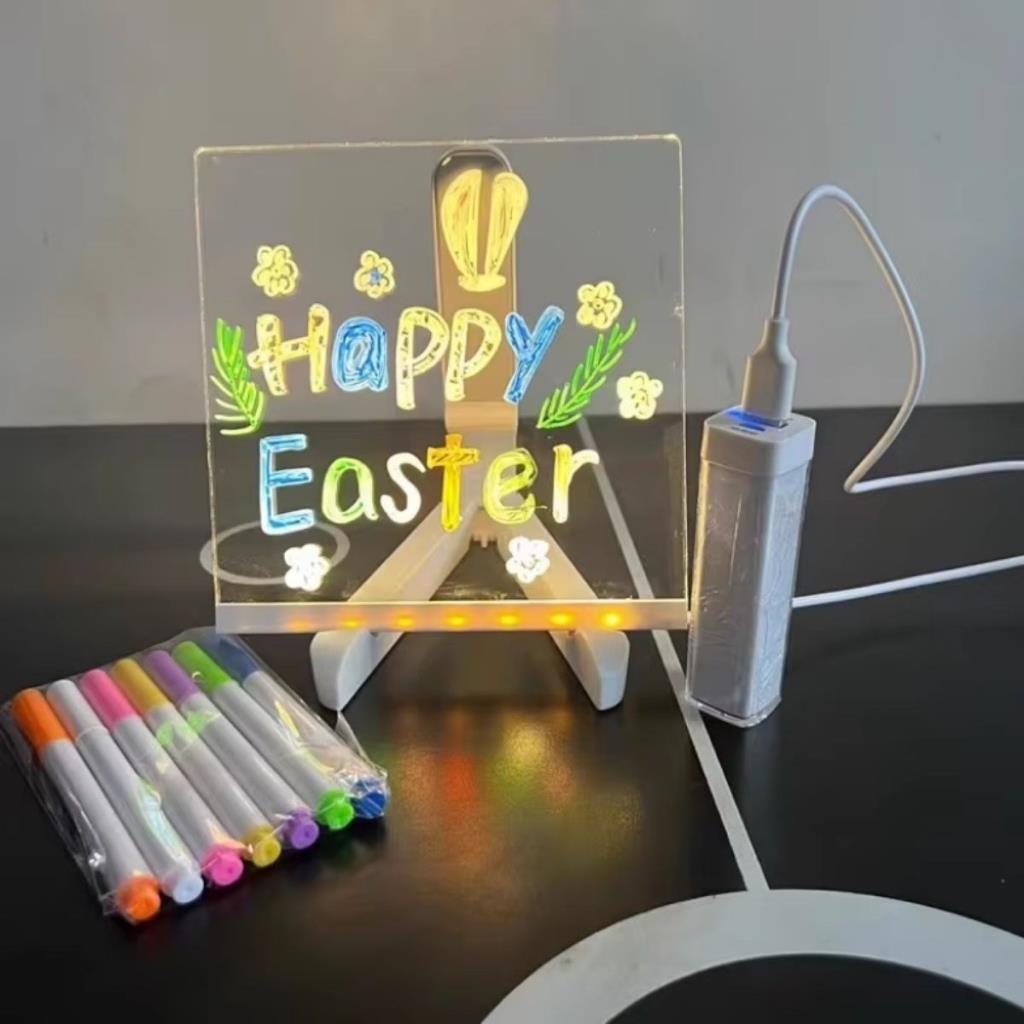 OLLEVRA LED Işıklı Kendiliğinden Renkli Fosforlu Kalemli Kare Yazı Panosu 20x20 cm
