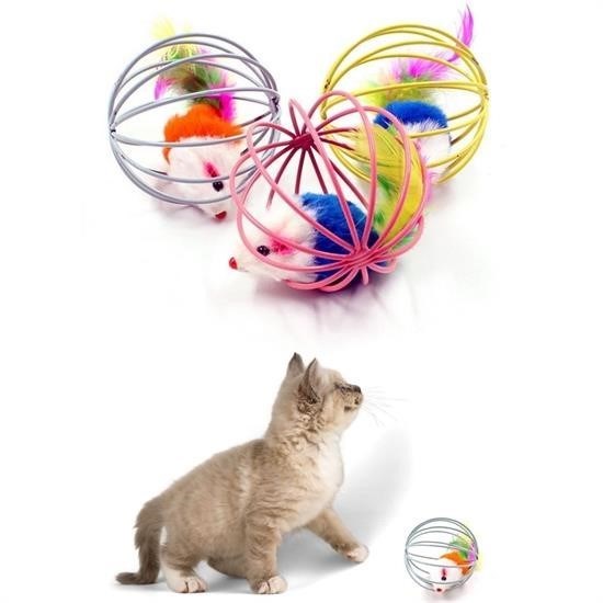 OLLEVRA Renkli Metal Kafesli Peluş Fareli Kedi Köpek Oyuncağı Oyun Topu 6 cm