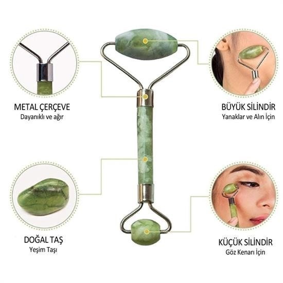 OLLEVRA Özel Süngerli Kutusunda Kırılmaz Çift Taraflı Cilt Yüz Masaj Aleti Jade Roller Yeşim Taş