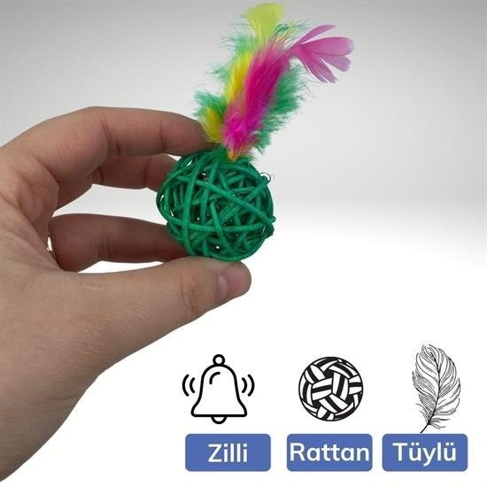 OLLEVRA 2li Rattan Renkli Peluş Tüy Kedi Köpek Oyuncak Yakalama Çiğneme Çıngıraklı Top Oyuncağı